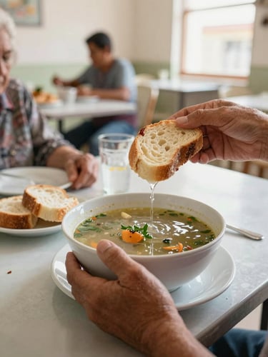 Close-up of hands serving fresh soup and bread to an elderly person in a brightly lit, clean community dining room in Havana, warm morning light.