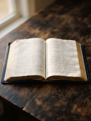 Overhead flat-lay of an open Bible on a dark wooden table, warm morning window light, soft gold reflections, shallow depth of field, 35mm