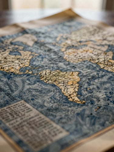 Close-up of old textured paper with ancient biblical map details, soft warm lighting, deep navy tones, shallow depth of field