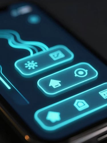 Macro close-up of a high-fidelity mobile game interface with neon cyber-cyan glowing buttons and fluid UI trails, dark background