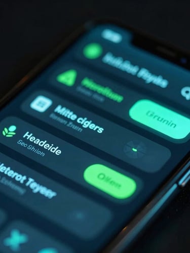 Macro close-up perspective of a glowing mobile screen showing complex UI/UX details, cyber-cyan and neon green highlights reflected on glass, dark background.