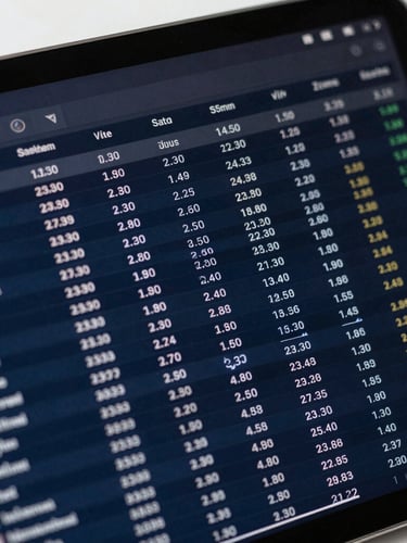 A close-up of a tablet displaying a complex financial ledger dashboard with clean monospaced numbers, cool overcast daylight, sharp focus, 35mm lens.