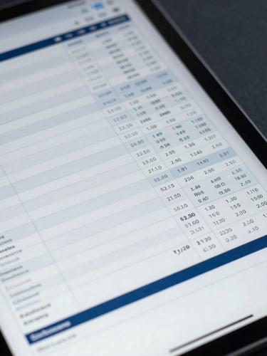 Close-up of a tablet displaying complex financial dashboards with clean grid lines and monospaced technical data, cool overcast daylight