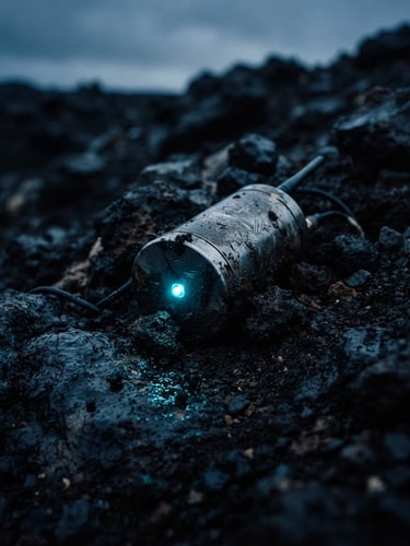 Cinematic close-up of a rugged environmental sensor half-buried in dark volcanic soil, glowing cyan LED indicator reflecting on wet rock, low-key dramatic lighting, deep shadows, cool blue and charcoal tones, 35mm anamorphic lens