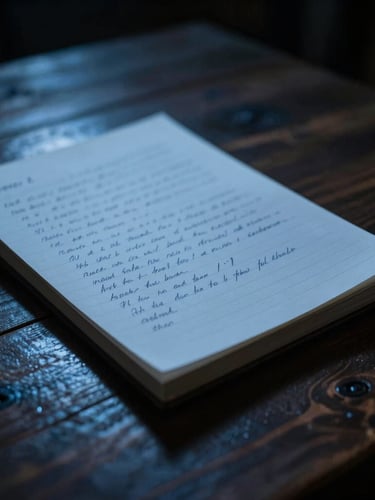 Atmospheric close-up of handwritten field notes on a rugged wooden table, illuminated by a single cool blue light source, dramatic shadows, cinematic neo-noir academic aesthetic.