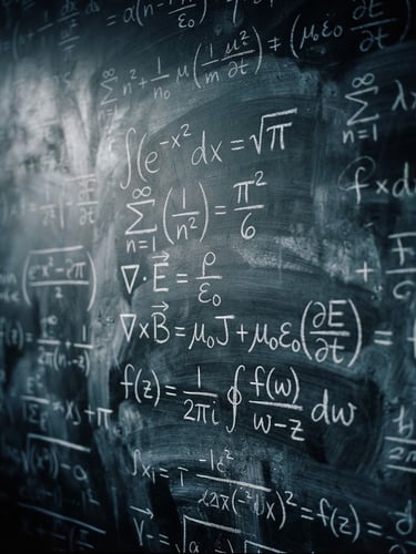 Cinematic close-up of handwritten mathematical formulas on a dark slate chalkboard, dramatic low-key side lighting, high contrast, 35mm anamorphic lens