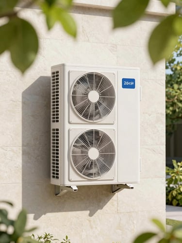 A wall-mounted exterior air conditioning condenser unit installed on a modern stone facade.