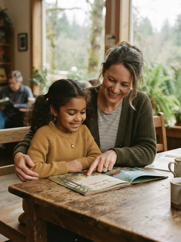 Candid medium shot of a mentor and child reading together at a wooden table, warm natural Pacific Northwest daylight, soft earthy tones, 35mm