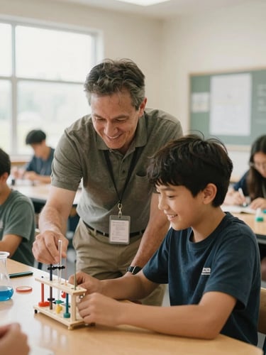 Warm editorial photography of a mentor and a young student laughing over a science project in a brightly lit community center, soft natural light, 35mm