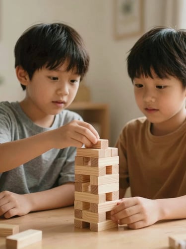 A candid medium shot of two young children building a wooden block tower together on a low table, warm indoor ambient light, focused expressions of collaboration, soft earthy tones, 35mm.