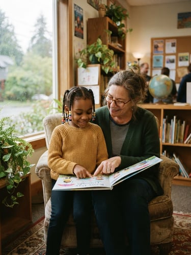 Warm editorial photography of a mentor and a young child reading a book together in a Seattle community room, soft natural Pacific Northwest daylight coming through a window, 35mm