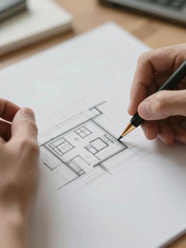 Close-up of hands sketching an architectural plan on paper, soft natural overcast light, warm editorial photography, muted earth tones.