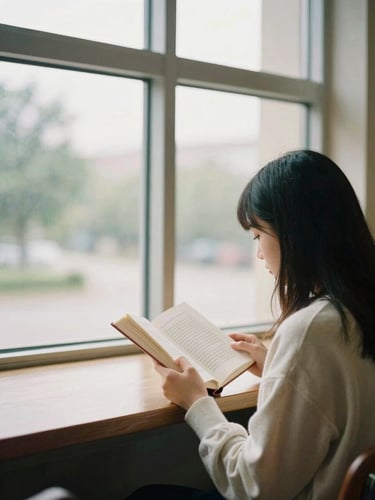 A student reading a book by a wide library window with soft natural daylight, warm editorial photography, medium format film aesthetic.