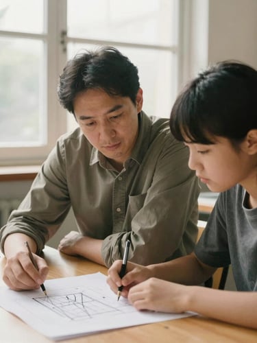 Medium environmental portrait of a local mentor and a student looking over architectural drawings in a sunlit classroom, natural window light, warm editorial aesthetic.