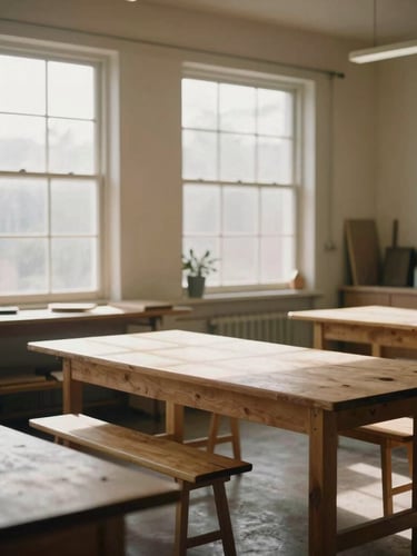 A quiet, sunlit community workshop space with wooden tables and large windows, soft morning light filtering through, warm editorial photography, muted earth tones, medium format film aesthetic