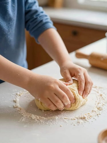 Close-up of child's hands mixing dough on a kitchen counter, warm natural daylight, vibrant saturated colors, shallow depth of field, 35mm