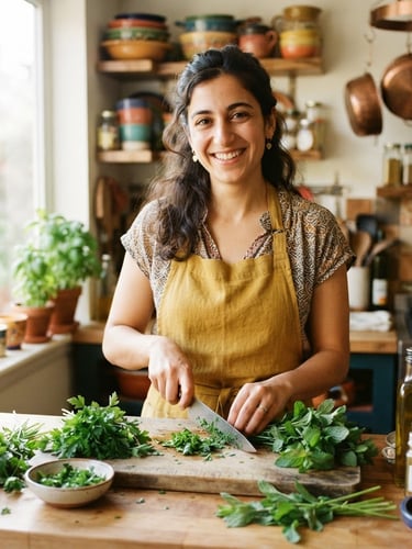 Warm, natural portrait of Mariam in her home kitchen, smiling and prepping fresh herbs, bright natural daylight, vibrant saturated colors, shallow depth of field, 35mm