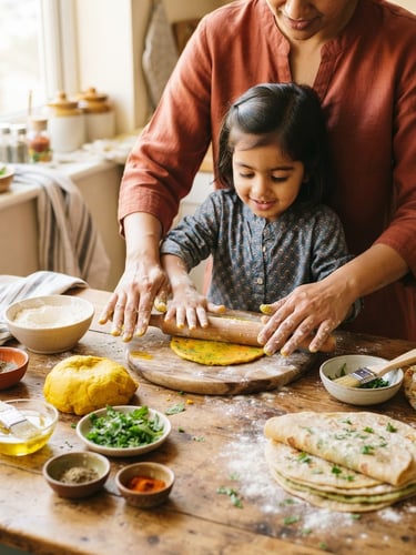 Brightly lit kitchen, a mother and child hands preparing colorful Indian flatbreads together, vibrant turmeric and green garnishes on a wooden table, warm natural daylight, shallow depth of field, 35mm