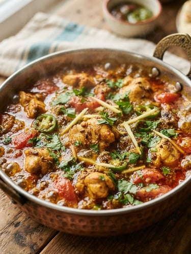 Close-up portrait of a rich, bubbling chicken karahi in a traditional copper serving dish, bright natural kitchen light, vibrant saturated colors, shallow depth of field, 35mm