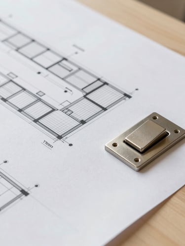Bright architectural photography, close-up shot of architectural blueprints laid out on a light wood table next to a machined metal switch, soft natural morning light, 35mm