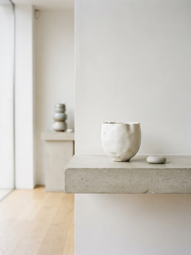 Bright architectural photography of a minimalist showroom interior, soft natural daylight, clean white and neutral tones, 35mm