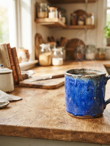 Wide shot of a hand-thrown ceramic mug with a vibrant cobalt blue glaze, filled with steaming coffee, sitting on a cluttered, cozy wooden kitchen counter in warm morning sunlight, showing tactile drips and clay texture. The mug is on the right side, with text space on the left.