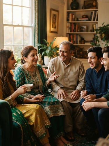 Warm editorial photography, soft golden-hour window light, rich emerald and gold tones, shallow depth of field, 35mm. A dignified Pakistani family, parents and adult children, conversing warmly in a well-appointed living room, focus on their engaged expressions and hands, light from a large window.