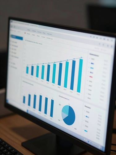 Close-up of a wide monitor displaying an analytics dashboard with blue and cyan bar charts, conversion funnels, and lead-count metrics, shot from slightly above in a cool-toned dark office environment, screen glow the dominant light source, keyboard edge visible at bottom frame