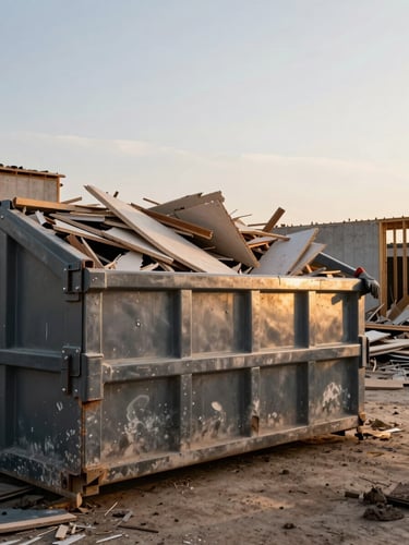 Wide panoramic view of a residential demolition yard at golden hour, a large steel dumpster positioned to the left third of the frame loaded with broken drywall and lumber scraps, a contractor's gloved hand gripping the dumpster rim in the foreground, overcast warm light raking across the metal surface, muddy ground and partial wall framing visible in the background