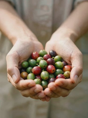 Close-up of hands holding freshly harvested green and red coffee cherries, warm natural sunlight, earthy soil tones.