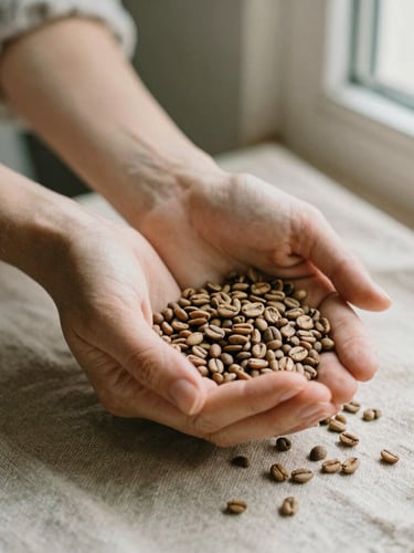 Primer plano de manos femeninas sosteniendo granos de café recién tostados sobre una tela de lino texturizada, con enfoque suave y luz de ventana, tonos tierra.