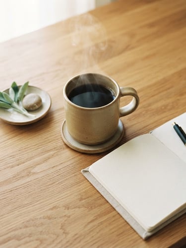 Overhead flat-lay of a minimalist wooden desk, a steaming ceramic mug of black coffee next to a clean notebook, soft morning window light, warm sand tones.