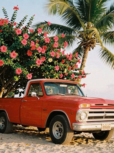 Vibrant low-angle 35mm photograph of a vintage red Chevy pickup truck parked on a beach, overgrown with bright pink hibiscus flowers and lush palm fronds, warm golden-hour sunlight, analog film grain.