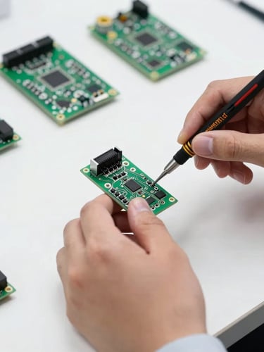 Close-up of hands assembling a physical circuit board with precise tools on a stark white workbench, bright laboratory lighting, sharp focus, 50mm lens.
