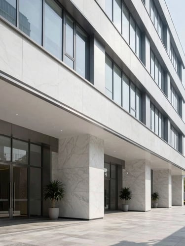 Sharp architectural crop of a modern corporate lobby with clean lines, high-end marble and steel surfaces, bright natural daylight, cool minimalist tones.