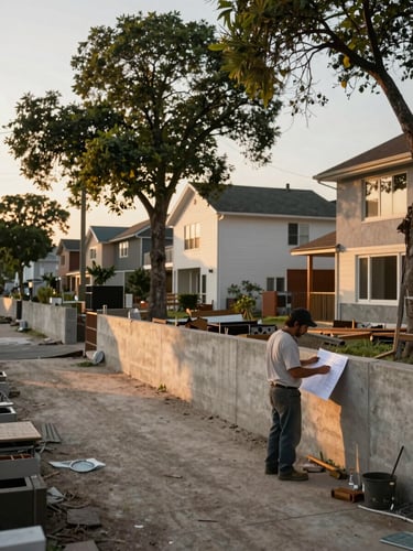 Wide environmental shot of a neighborhood block under development, late-afternoon natural light, a worker reviewing plans on a low concrete wall to the right third, modest residential structures and mature street trees visible behind, warm golden hour glow, documentary editorial framing