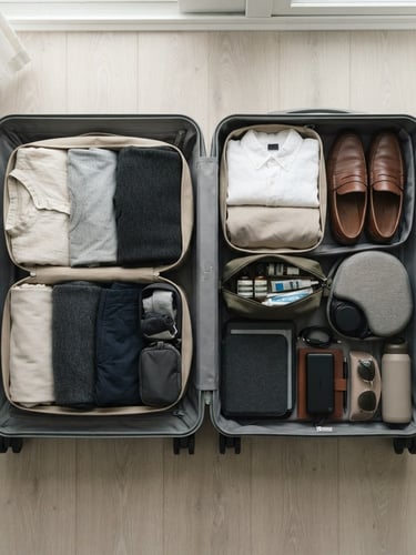 Overhead minimalist flat-lay of a perfectly organized carry-on suitcase with neutral travel gear, soft daylight, sharp focus