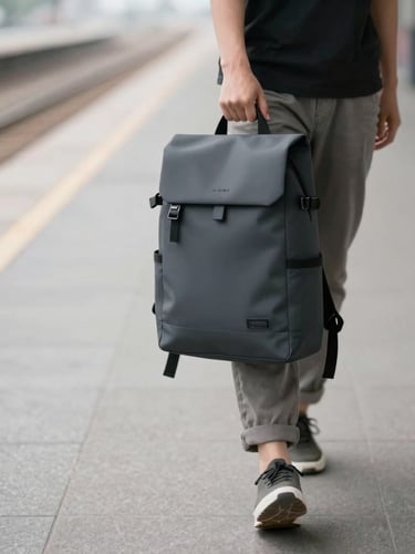Medium-close shot of a traveler walking down a quiet train platform holding a sleek minimalist backpack, soft natural overcast light