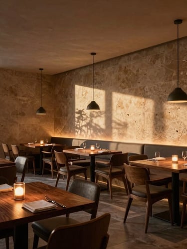 Cinematic wide shot of a luxury restaurant interior at twilight, warm low-angle lighting casting long shadows on textured limestone walls and dark oak tables, empty, atmospheric.