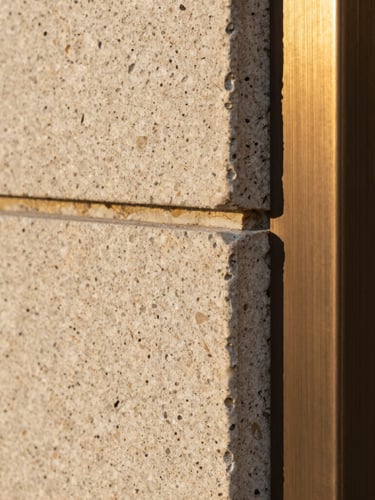 Macro detail of textured travertine stone meeting brushed bronze metal under soft golden hour light, architectural lines.