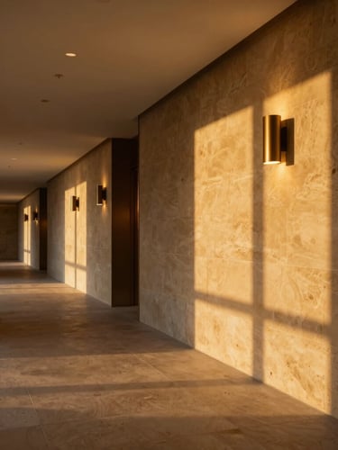 Cinematic wide shot of a luxury hotel corridor at twilight, low-angle golden light casting dramatic shadows on textured warm stone walls, minimalist bronze fixtures glowing softly, negative space on the left.