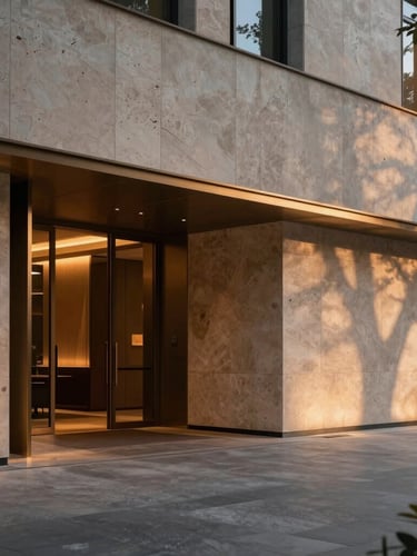 Cinematic wide shot of a luxury hotel lobby at dusk, warm low-angle lighting casting long shadows on textured travertine stone walls, minimalist bronze details, negative space on the right.