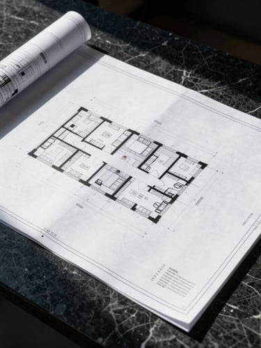 Premium architectural photography of clean-cut architectural blueprints resting on a dark marble table, sharp dramatic side lighting casting deep shadows, editorial style