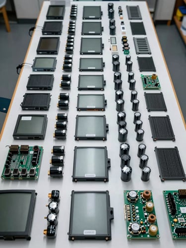 Wide workshop bench shot from above, organized rows of genuine TV spare parts — capacitors, panels, connector boards — laid out under bright cool LED lighting, each component clearly labeled, no hands in frame, technical precision implied by the arrangement