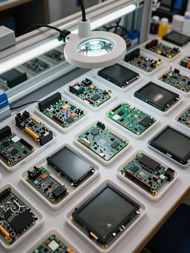 Overhead view of a clean repair workbench in a professional electronics workshop, organized rows of genuine TV spare parts in labeled trays, a circuit board under a magnifying lamp, cool white LED lighting, no people visible, precise and orderly