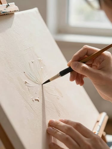 Close-up of hands painting with fine brushes on a textured canvas, warm soft natural daylight streaming through a studio window, shallow depth of field