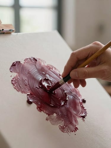 Close-up of the artist's hand gently applying a translucent wash of deep burgundy paint onto a textured canvas, soft natural daylight from a Quito studio window, shallow depth of field.