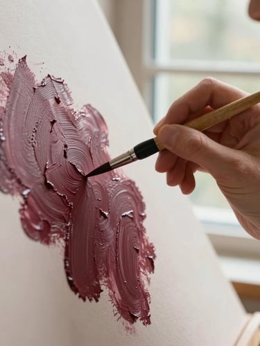 Close-up of hands painting with a fine brush on a textured canvas, warm natural daylight from a studio window, rich burgundy paint strokes visible
