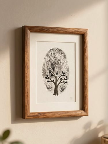 A finished wedding fingerprint tree painting framed in a warm wooden frame hanging on a soft beige wall, warm natural daylight, shallow depth of field