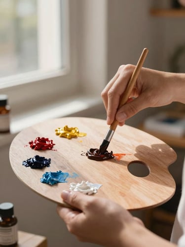 Close-up of hands mixing rich acrylic paints on a wooden palette, soft natural daylight streaming through a Quito studio window, warm editorial photography